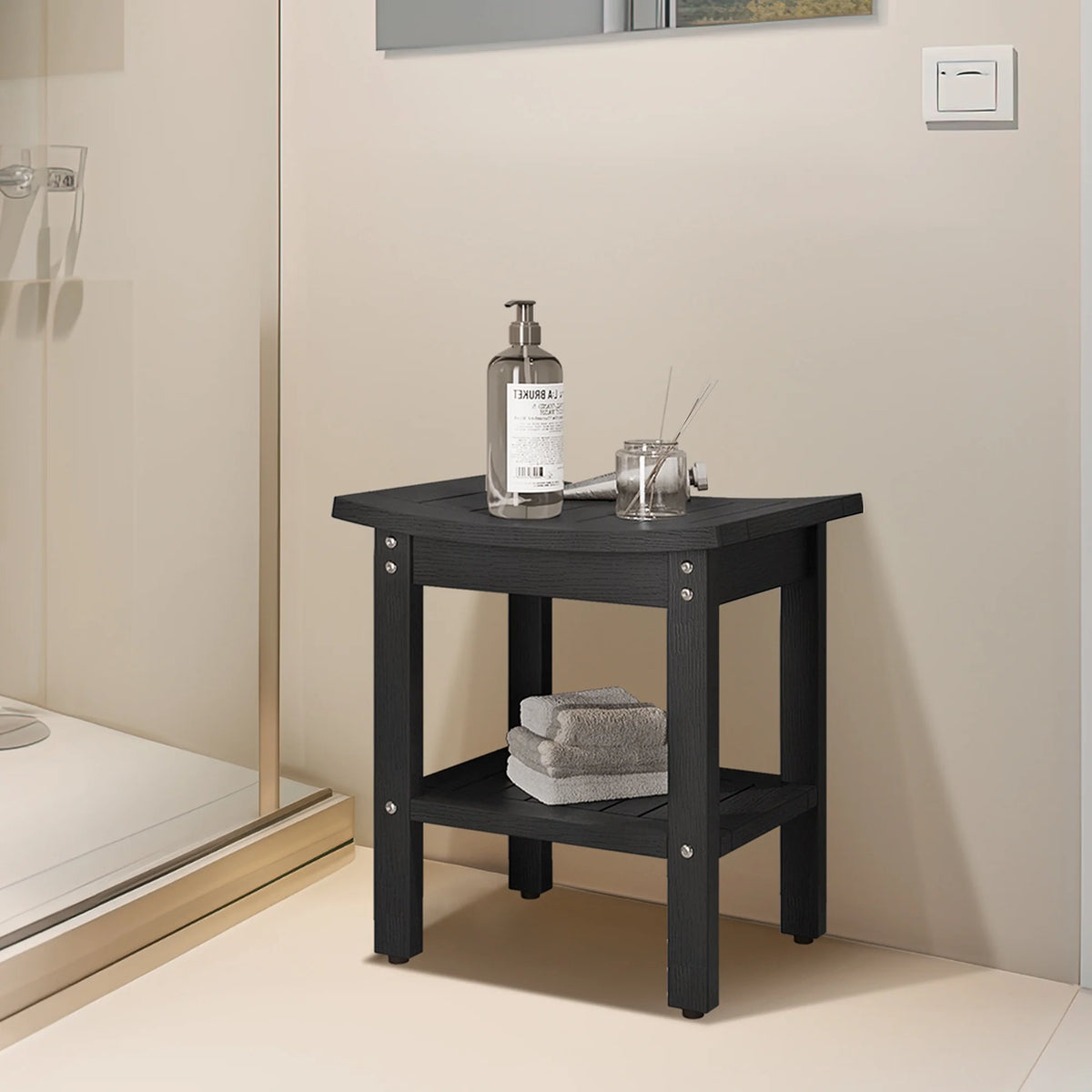 Black Poly Lumber Shower Bench with Storage Shelf Z5781