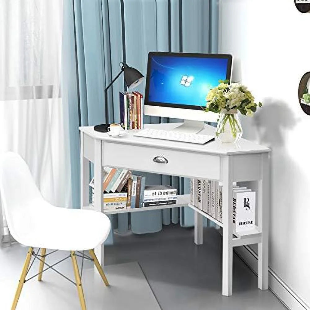 White Corner Desk with Drawers and Shelves P656