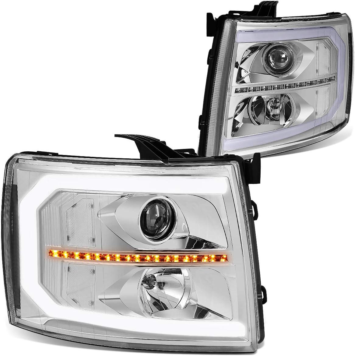 Dual LED DRL Strip Projector Headlights Assembly, Pair, Black Housing T946726