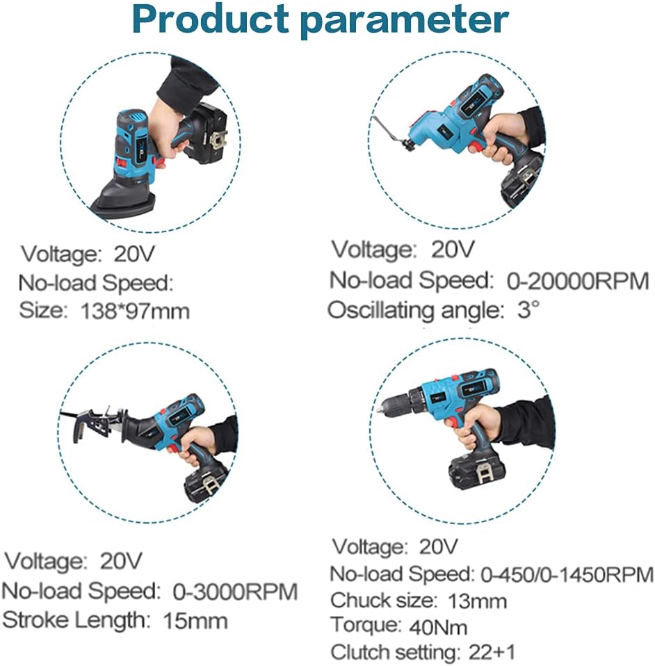 20V MAX Power Tool Combo Kit with Case, 4-Tool Attachments Drill, Reciprocating Saw, Oscillating Tool, Sander I837