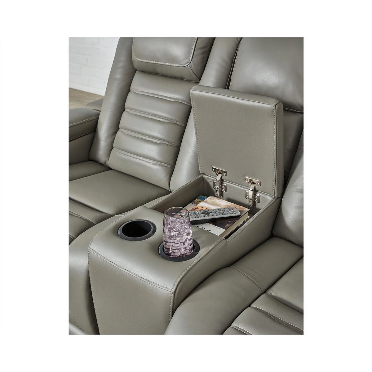 Light Gray Leather Power Reclining Loveseat V9486