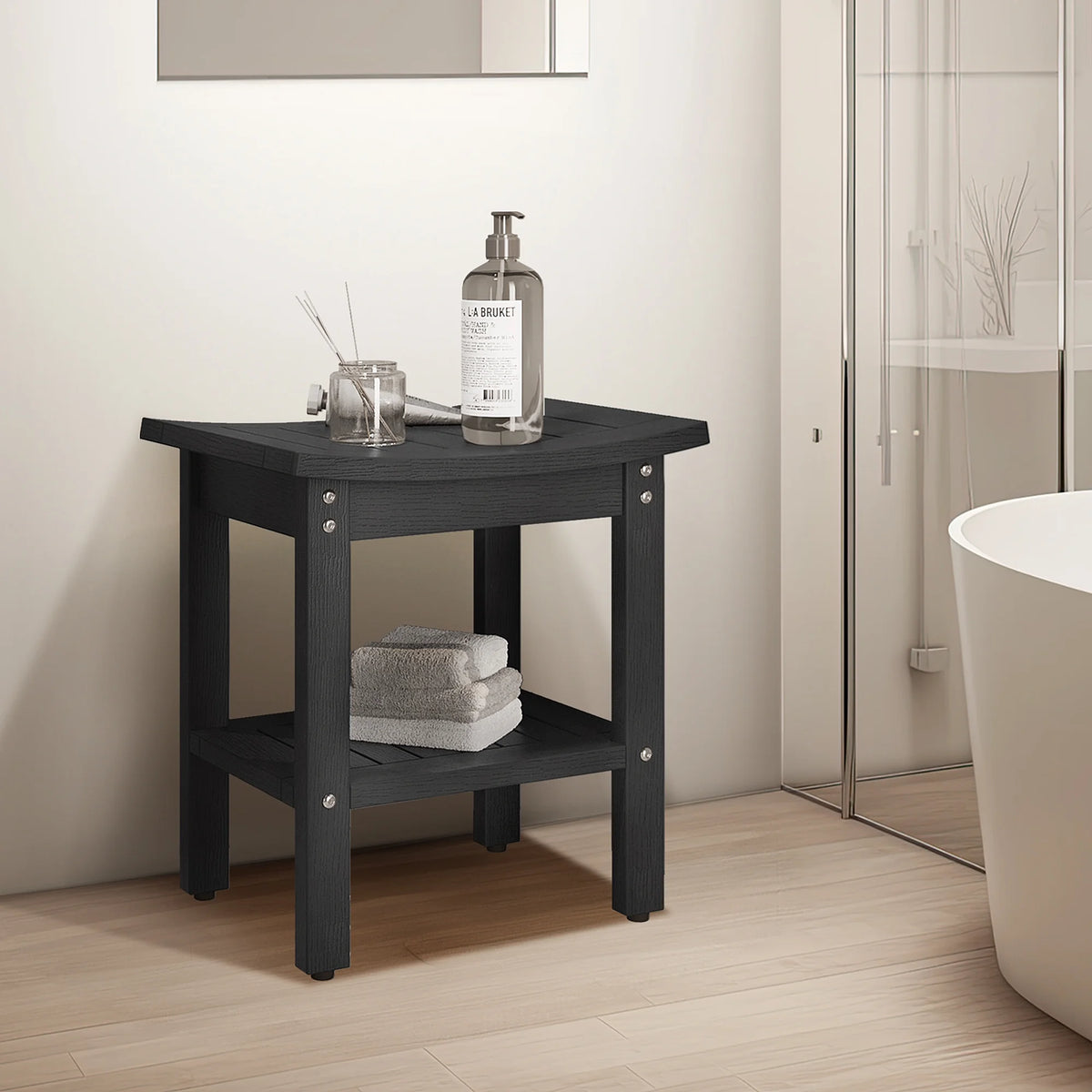 Black Poly Lumber Shower Bench with Storage Shelf Z5781