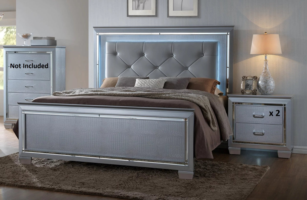 King Size Upholstered Bed 2 Nightstand Wooden Bedroom Furniture Set N8395