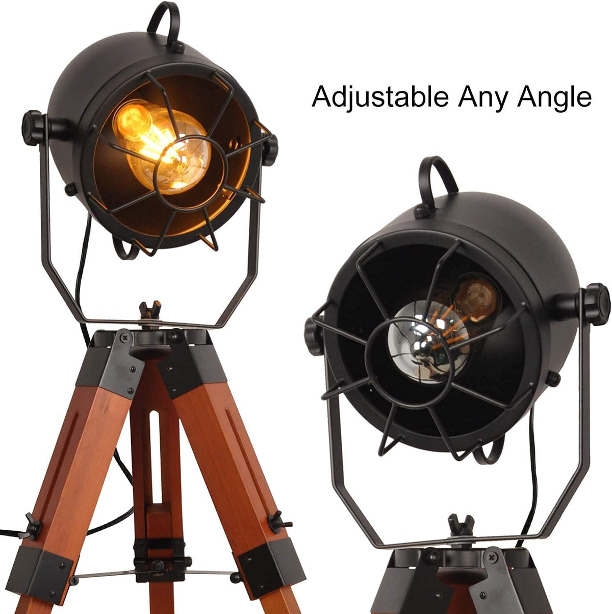 Vintage Adjustable Wood Tripod Floor Lamp with Black Cage Lampshade V197545