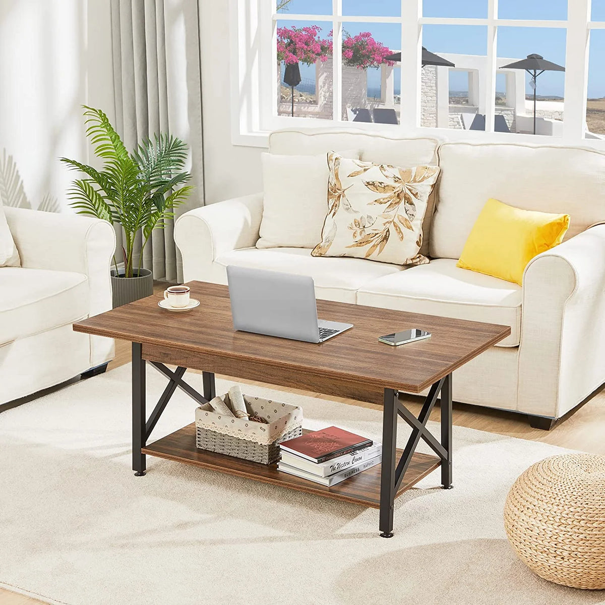 Large Walnut Coffee Table with Storage Shelf W909