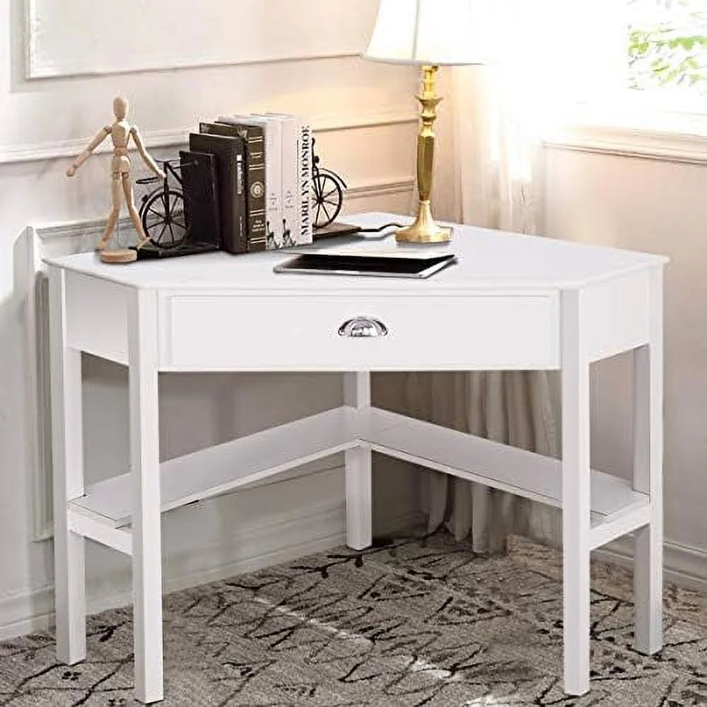 White Corner Desk with Drawers and Shelves P656