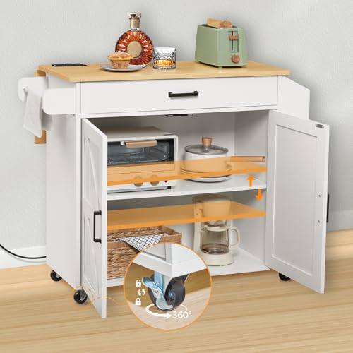 White Kitchen Island with Drop Leaf Countertop & Power Outlet Q584385