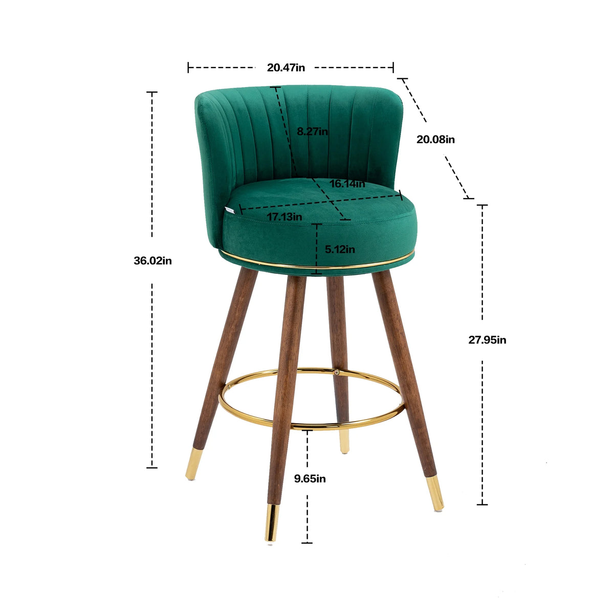 Emerald Velvet Swivel Bar Stools Set of 2 with Back Wood Legs Footrest Counter Height Armless Tall Stool J117