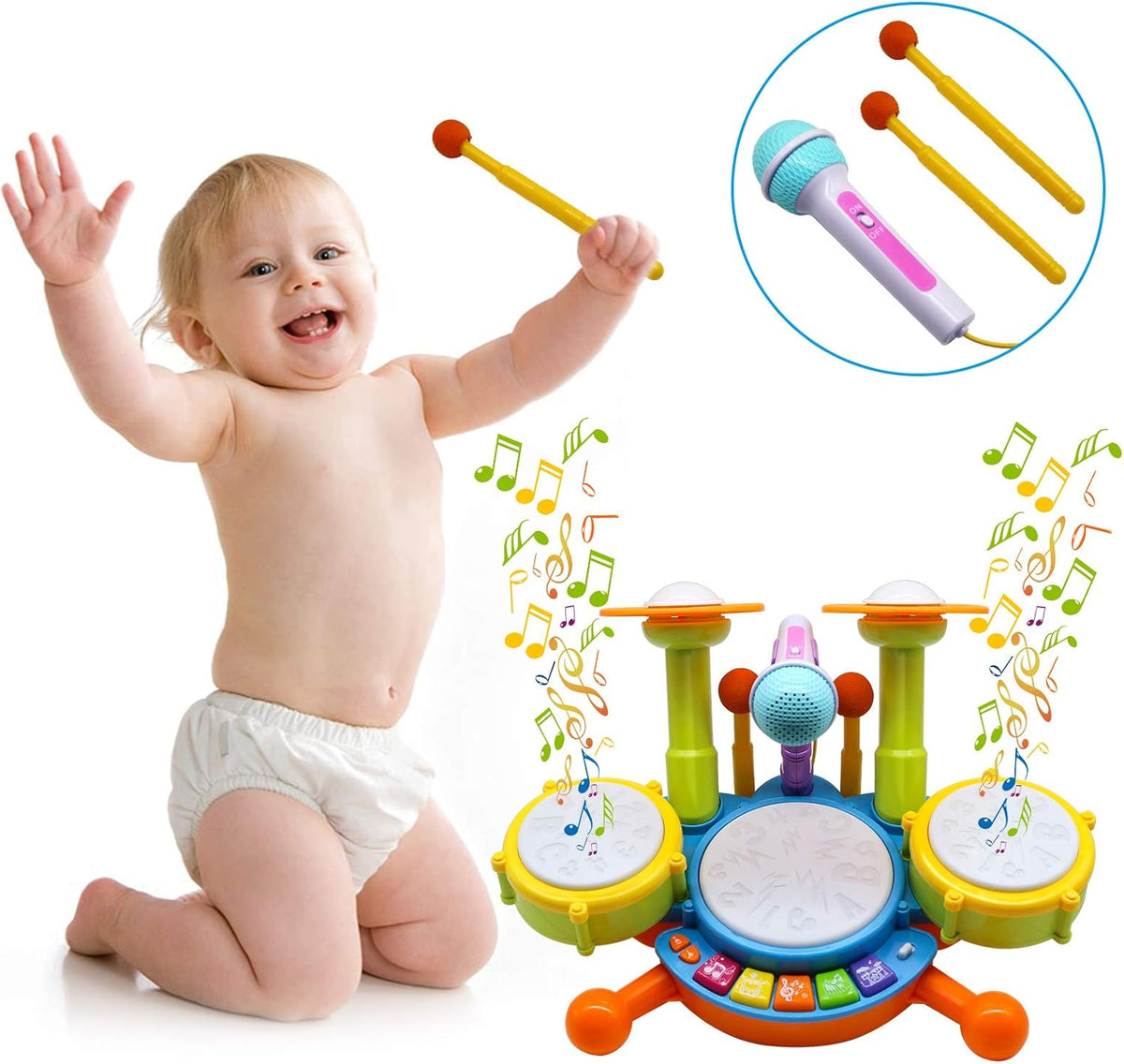 Drum Set for Kids with 2 Drum Sticks and Microphone, Musical Toys Pack of 2 M401603