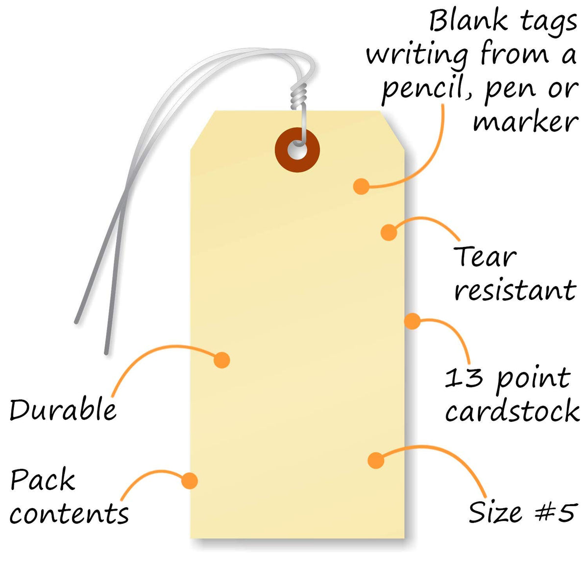 Blank Manila Shipping Tags with Wire, Size #5, 13pt Cardstock, 4 3/4 x 2 3/8, Pack of 1000 G65501