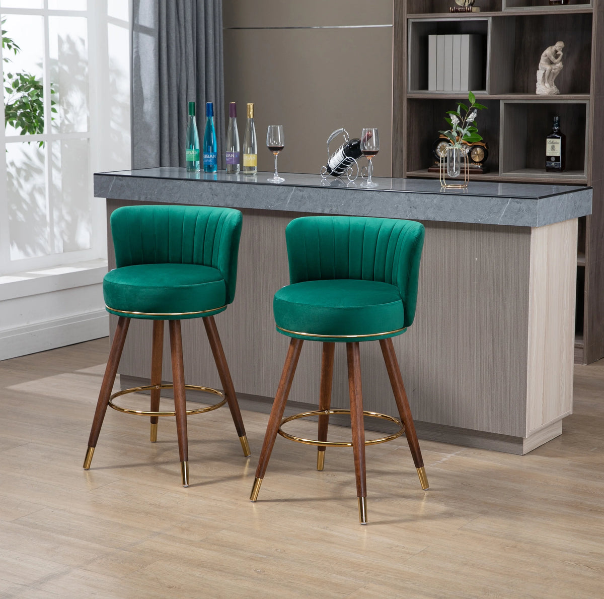 Emerald Velvet Swivel Bar Stools Set of 2 with Back Wood Legs Footrest Counter Height Armless Tall Stool J117